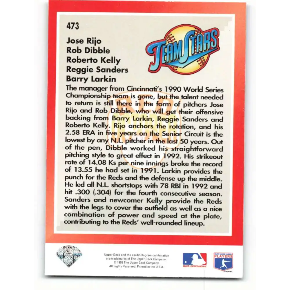 1993 Upper Deck #473 Red October Jose Rijo/Rob Dibble/Roberto Kelly/Reggie Sanders/Barry Larkin VG Cincinnati Reds