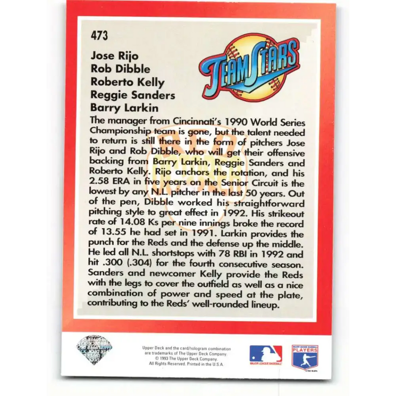 1993 Upper Deck #473 Red October Jose Rijo/Rob Dibble/Roberto Kelly/Reggie Sanders/Barry Larkin VG Cincinnati Reds