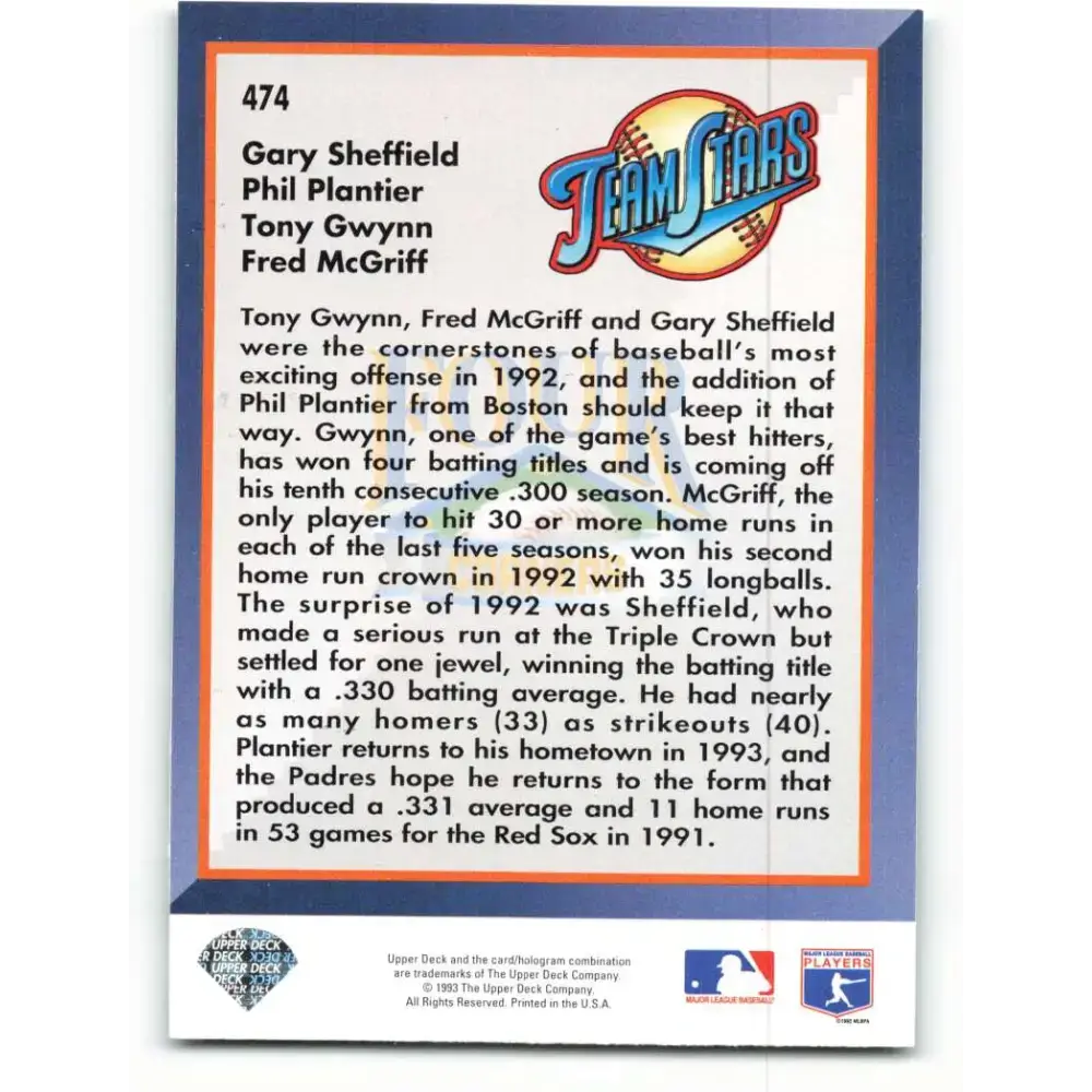 1993 Upper Deck #474 Greg Sheffield/Phil Plantier/Tony Gwynn/Fred McGriff VG San Diego Padres Baseball Card - Baseball