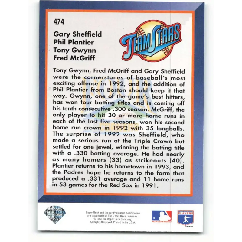 1993 Upper Deck #474 Greg Sheffield/Phil Plantier/Tony Gwynn/Fred McGriff VG San Diego Padres Baseball Card - Baseball