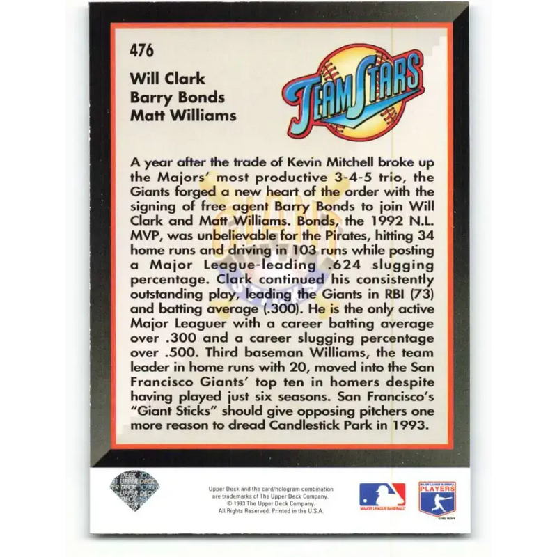 1993 Upper Deck #476 Will Clark/Barry Bonds/Matt Williams VG San Francisco Giants Baseball Card - Baseball Card Single