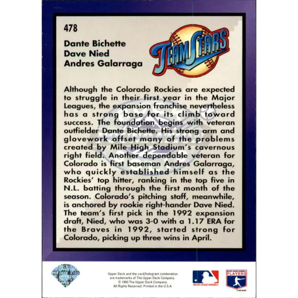 1993 Upper Deck #478 Dante Bichette/Dave Nied/Andres Galarraga VG Colorado Rockies Baseball Card - Baseball Card Single