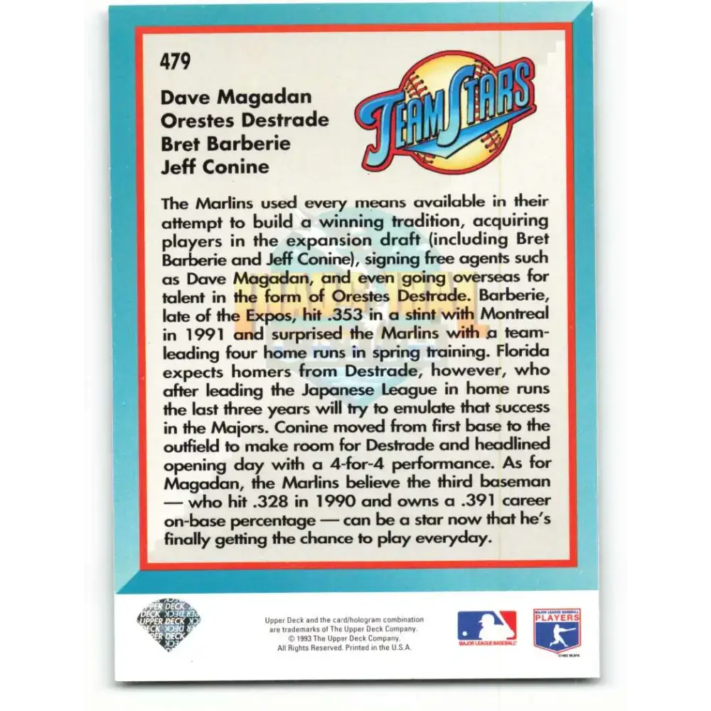 1993 Upper Deck #479 Dave Magadan/Orestes Destrade/Bret Barberie/Jeff Conine VG Florida Marlins Baseball Card
