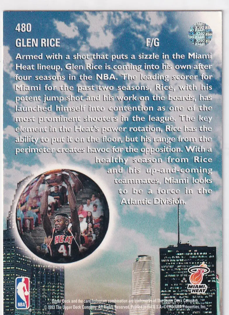 1993 UPPER DECK #480 GLEN RICE SKYLIGHT- MIAMI HEAT - Basketball Card Single