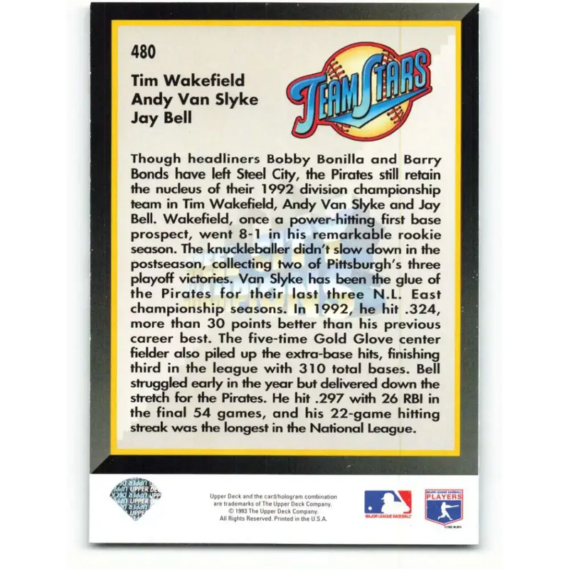 1993 Upper Deck #480 Tim Wakefield/Andy Van Slyke/Jay Bell VG Pittsburgh Pirates Baseball Card - Baseball Card Single