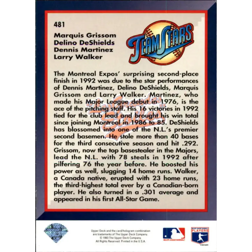 1993 Upper Deck #481 Marquis Grissom/Delino DeShields/Dennis Martinez/Larry Walker VG Montreal Expos Baseball Card