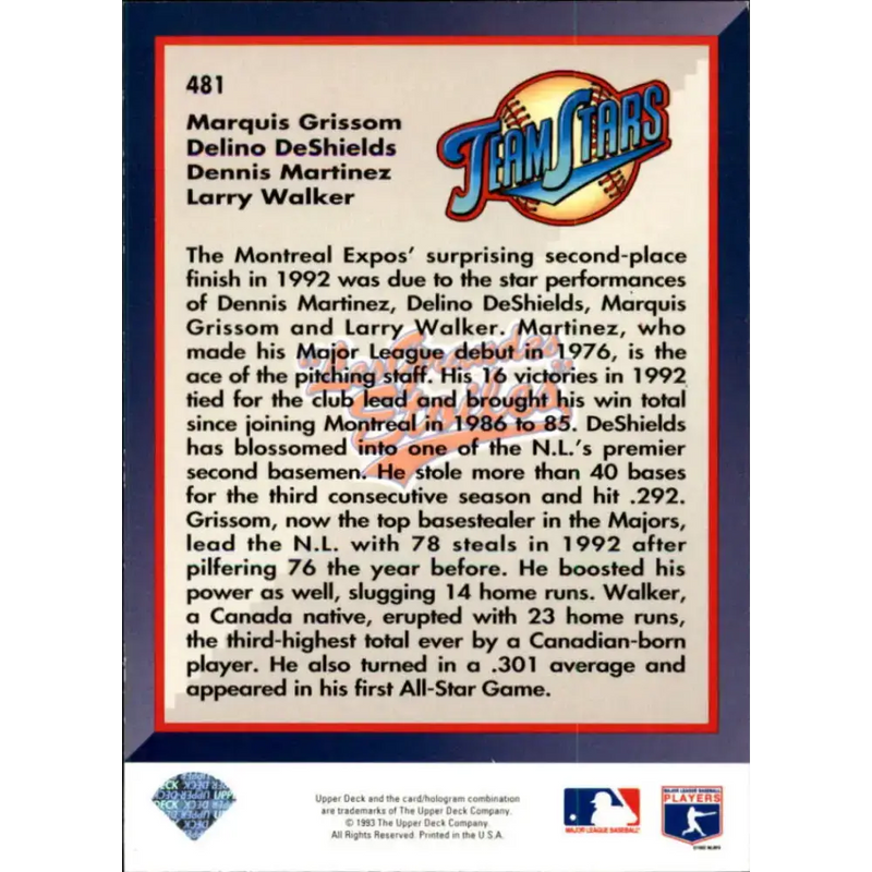 1993 Upper Deck #481 Marquis Grissom/Delino DeShields/Dennis Martinez/Larry Walker VG Montreal Expos Baseball Card