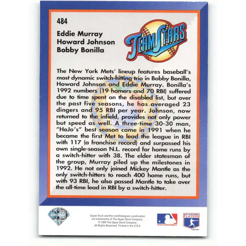 1993 Upper Deck #484 Eddie Murray/Howard Johnson/Bobby Bonilla VG New York Mets Baseball Card - Baseball Card Single