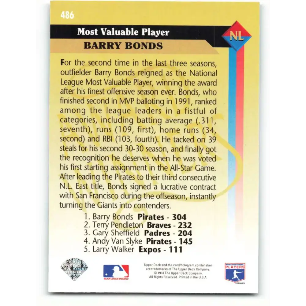1993 Upper Deck #486 Barry Bonds AW VG San Francisco Giants Baseball Card - Baseball Card Single