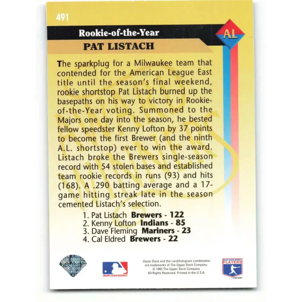 1993 Upper Deck #491 Pat Listach AW VG Milwaukee Brewers Baseball Card - Baseball Card Single