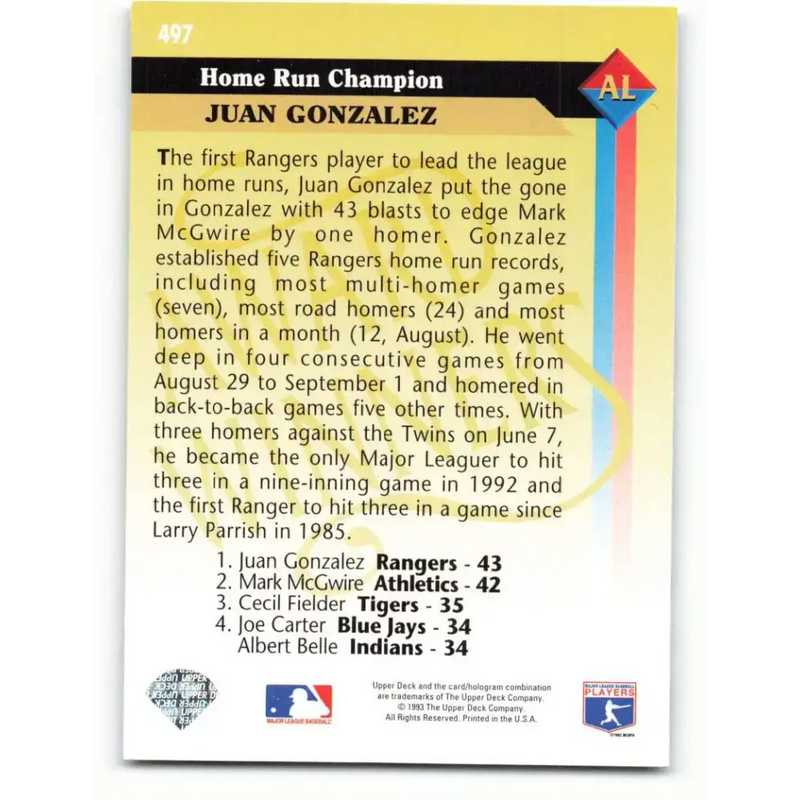 1993 Upper Deck #497 Juan Gonzalez AW VG Texas Rangers Baseball Card - Baseball Card Single