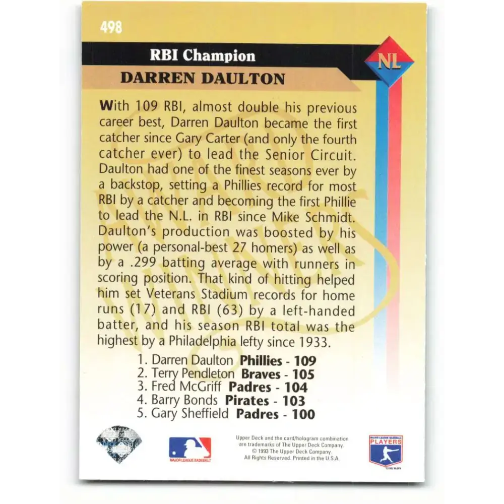 1993 Upper Deck #498 Darren Daulton AW VG Philadelphia Phillies Baseball Card - Baseball Card Single