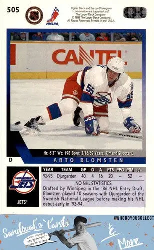 Hockey card featuring Arto Blomsten from 1993 Upper Deck #505 with original gloss