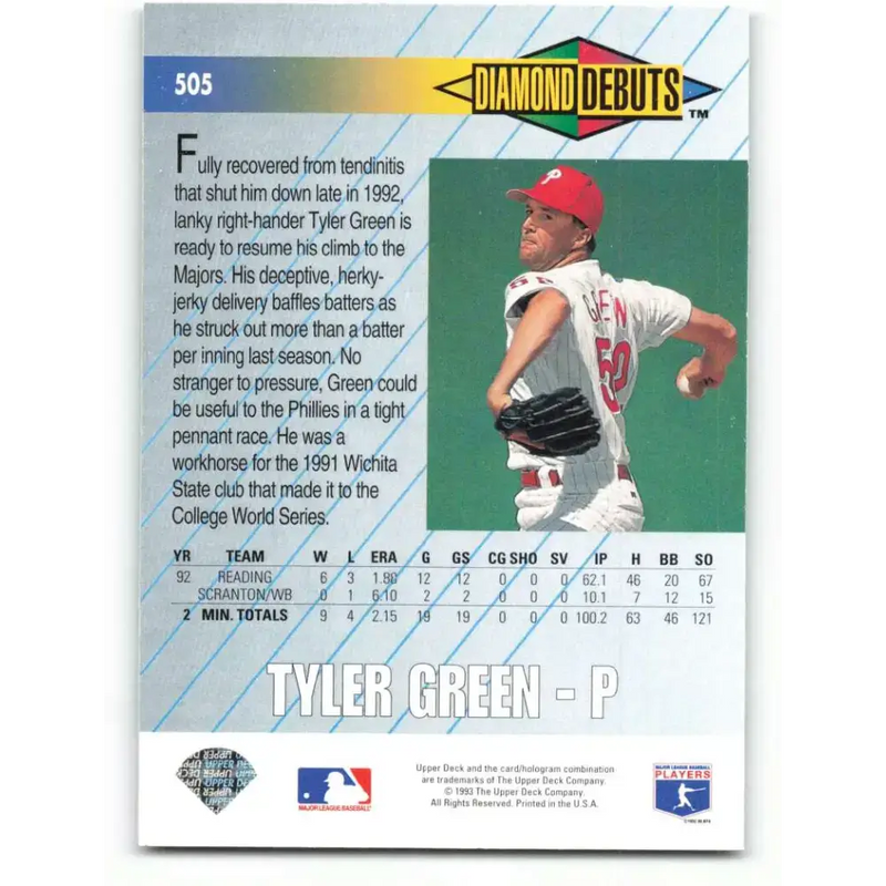 1993 Upper Deck #505 Tyler Green VG Philadelphia Phillies Baseball Card - Baseball Card Single