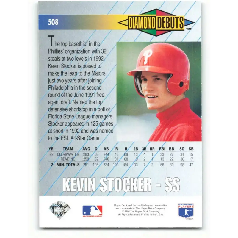 1993 Upper Deck #508 Kevin Stocker VG Philadelphia Phillies Baseball Card - Baseball Card Single