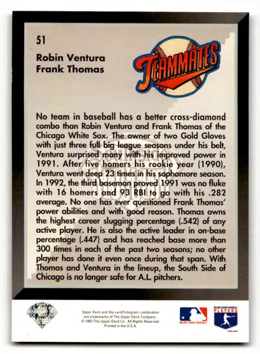 Baseball card back featuring Upper Deck Frank Thomas Robin Ventura 1993 White Sox
