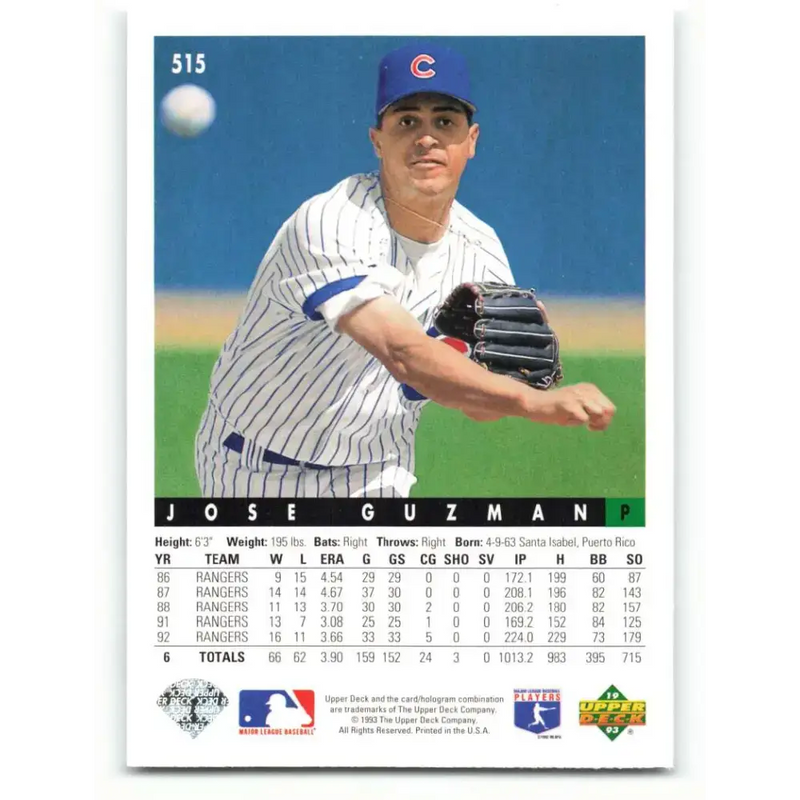 1993 Upper Deck #515 Jose Guzman VG Chicago Cubs Baseball Card - Baseball Card Single