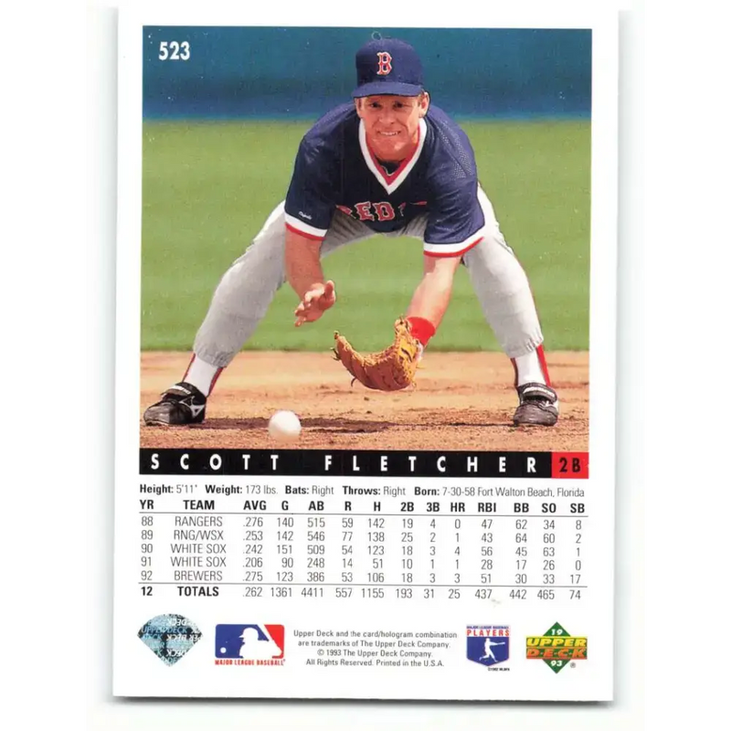 1993 Upper Deck #523 Scott Fletcher VG Boston Red Sox Baseball Card - Baseball Card Single