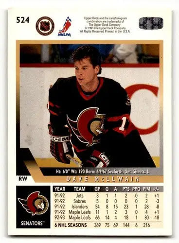 Original gloss hockey card featuring Dave McLlwain from 1993 Upper Deck #524