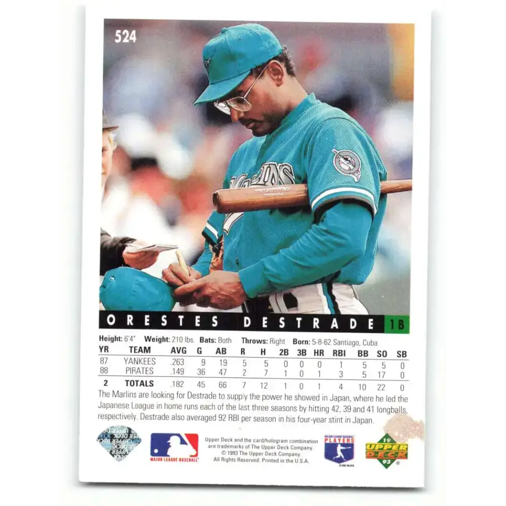 1993 Upper Deck #524 Orestes Destrade VG Florida Marlins Baseball Card - Baseball Card Single