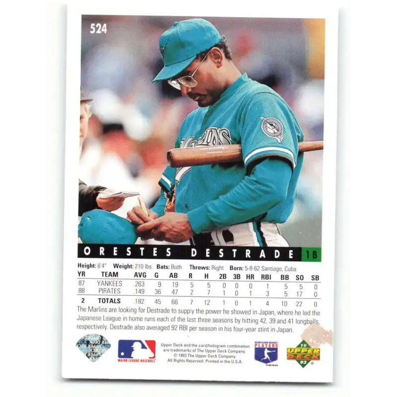 1993 Upper Deck #524 Orestes Destrade VG Florida Marlins Baseball Card - Baseball Card Single