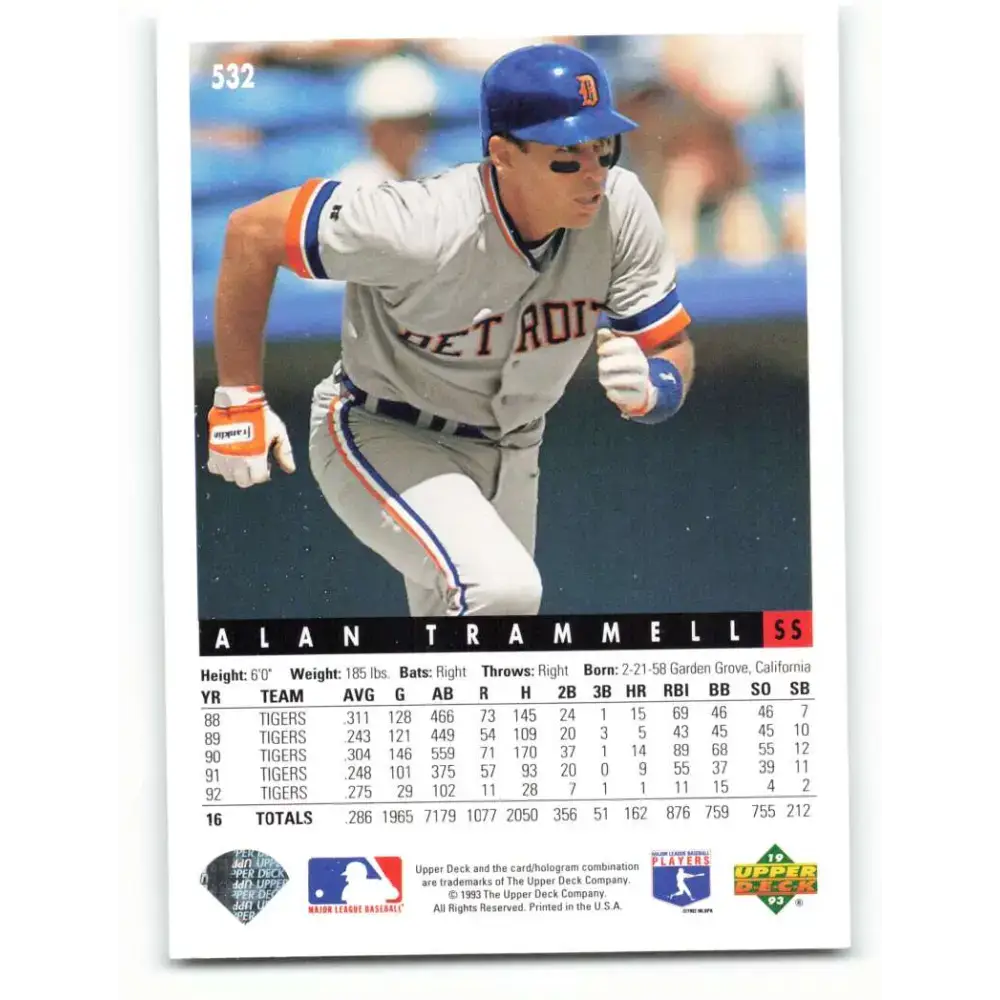 1993 Upper Deck #532 Alan Trammell VG Detroit Tigers Baseball Card - Baseball Card Single