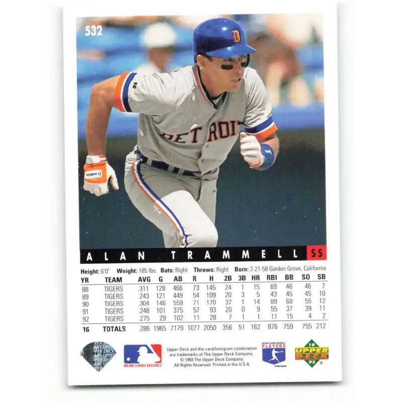 1993 Upper Deck #532 Alan Trammell VG Detroit Tigers Baseball Card - Baseball Card Single