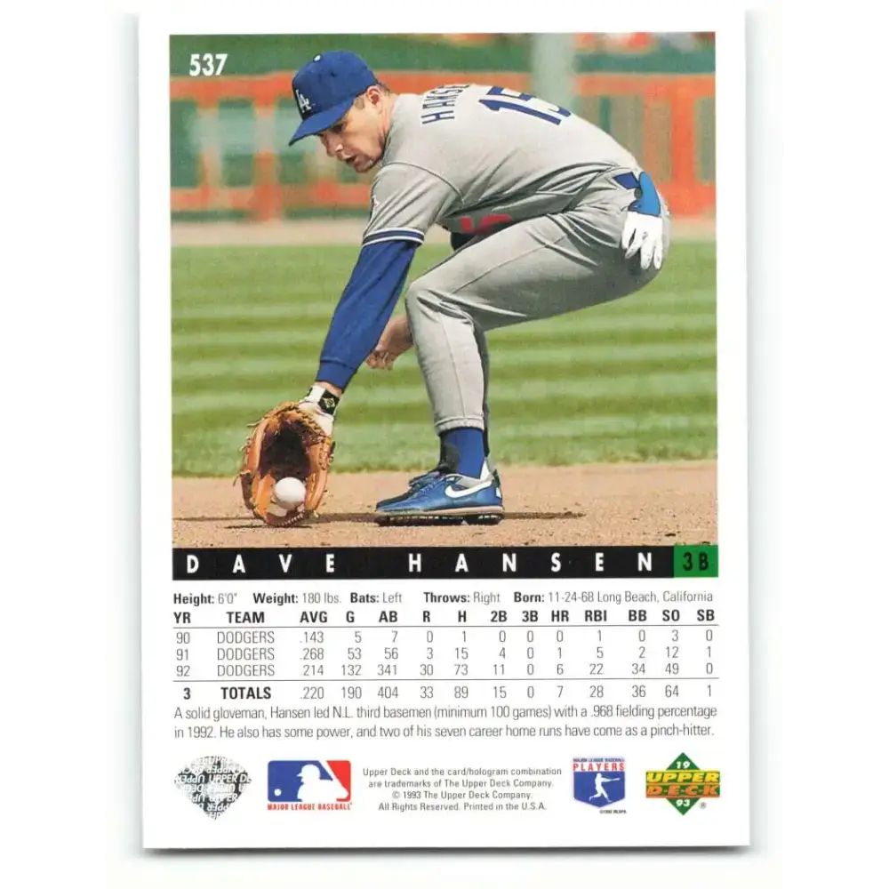 1993 Upper Deck #537 Dave Hansen VG Los Angeles Dodgers Baseball Card - Baseball Card Single