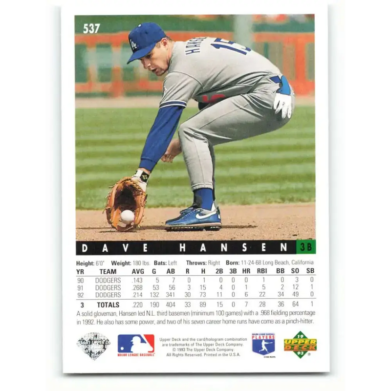 1993 Upper Deck #537 Dave Hansen VG Los Angeles Dodgers Baseball Card - Baseball Card Single