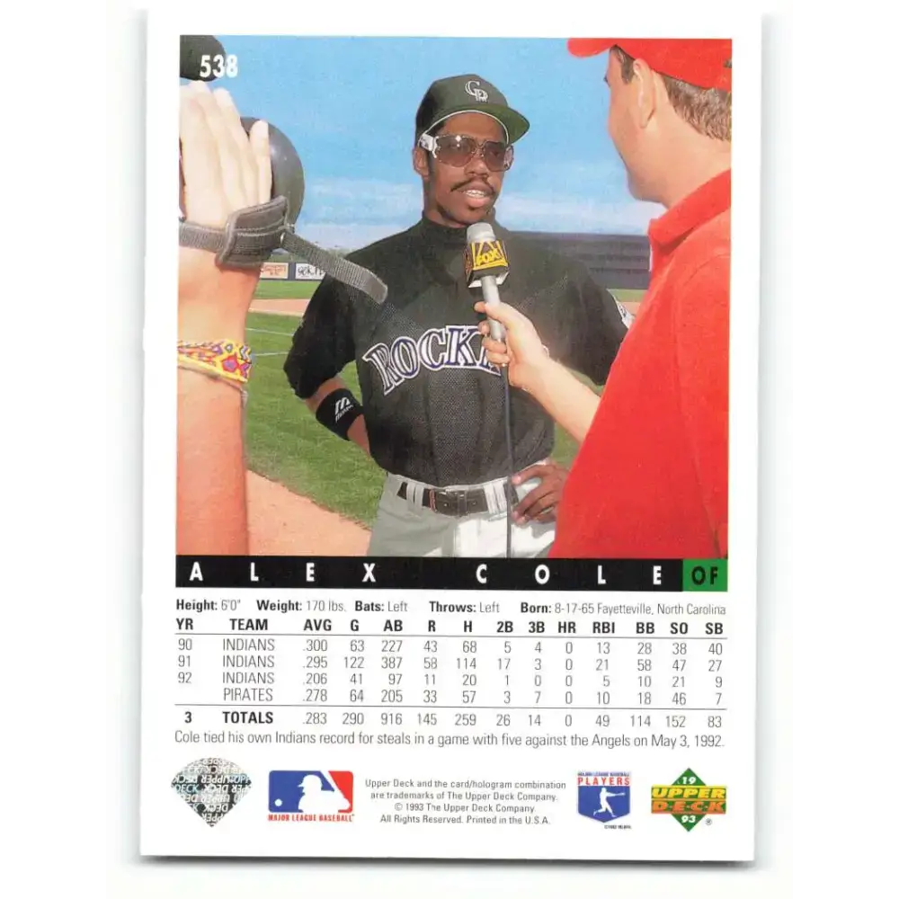 1993 Upper Deck #538 Alex Cole VG Colorado Rockies Baseball Card - Baseball Card Single