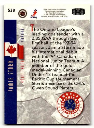 1993 Upper Deck #538 Jamie Storr ID:46803 - Hockey Card Single