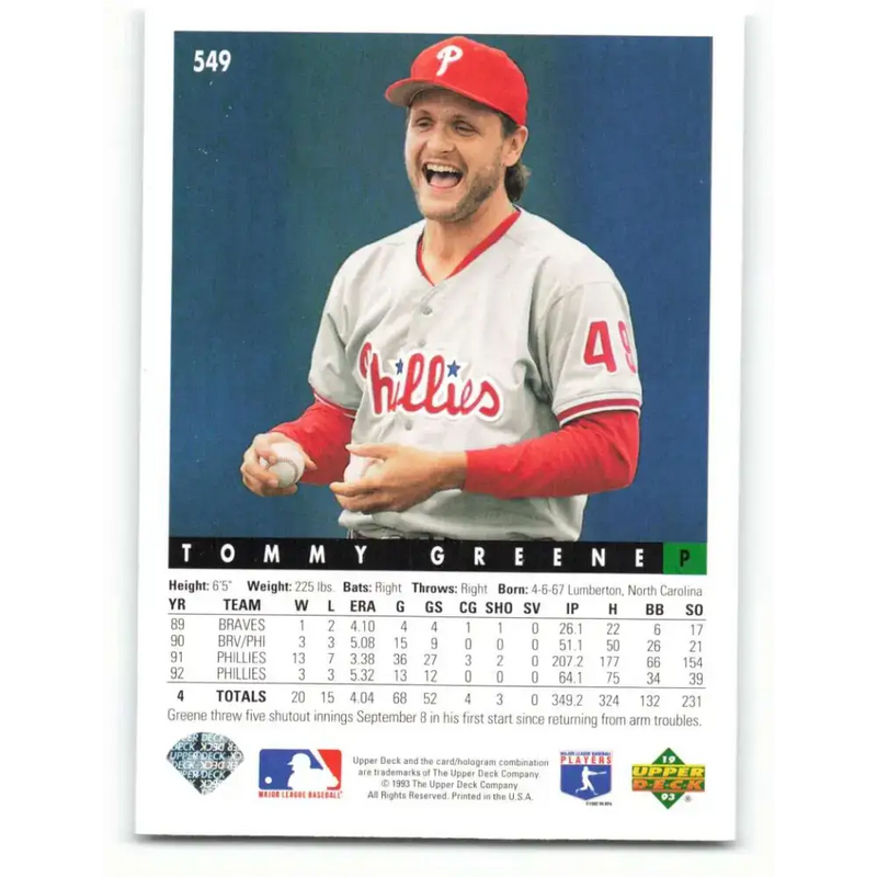 1993 Upper Deck #549 Tommy Greene VG Philadelphia Phillies Baseball Card - Baseball Card Single