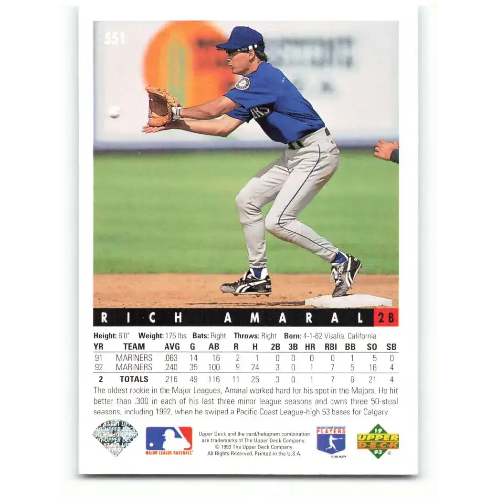 1993 Upper Deck #551 Rich Amaral VG Seattle Mariners Baseball Card - Baseball Card Single