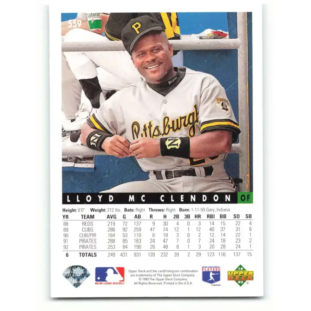 1993 Upper Deck #559 Lloyd McClendon VG Pittsburgh Pirates Baseball Card - Baseball Card Single