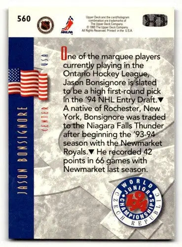 Hockey card back showcasing original gloss for 1993 Upper Deck Jason Bonsignore card
