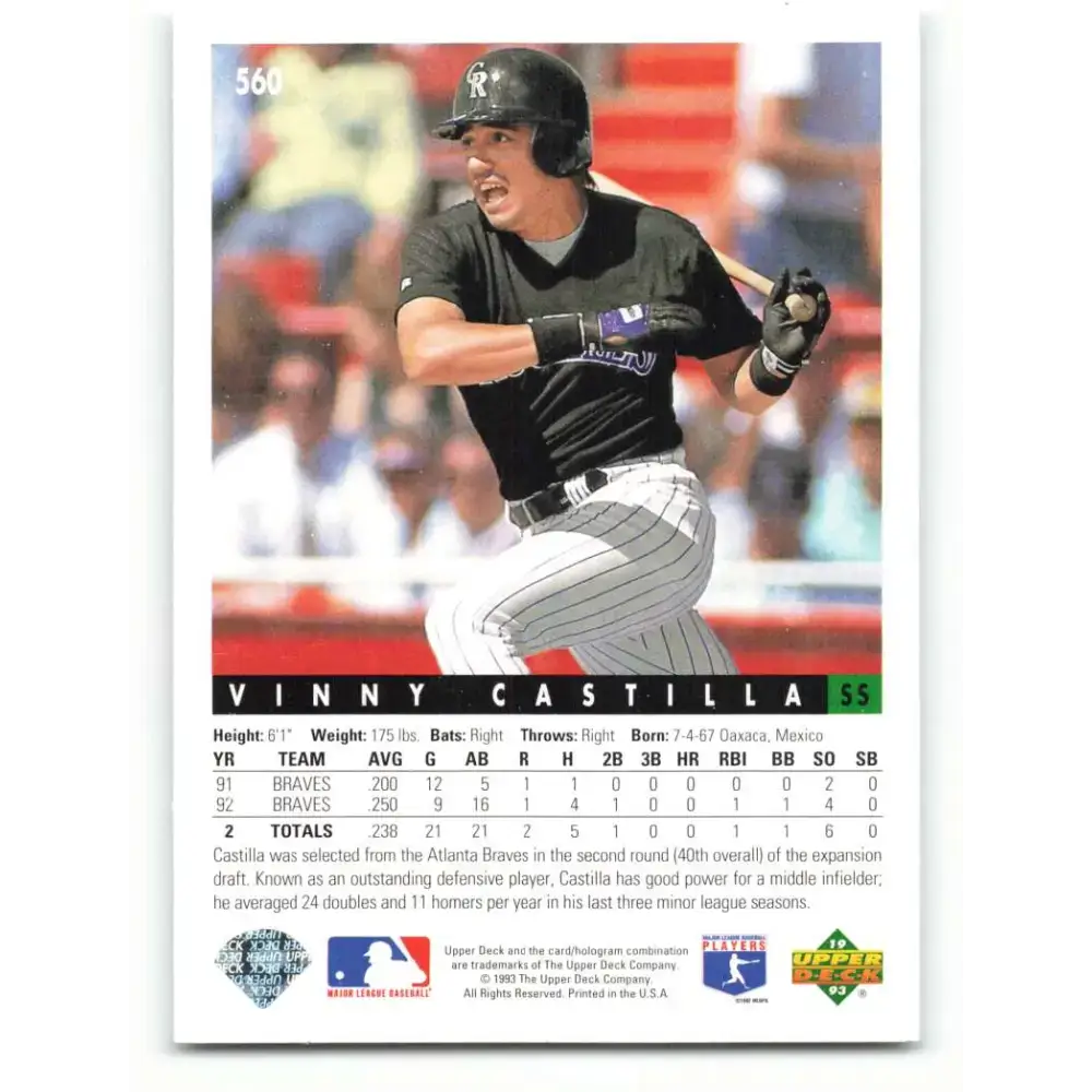1993 Upper Deck #560 Vinny Castilla VG Colorado Rockies Baseball Card - Baseball Card Single