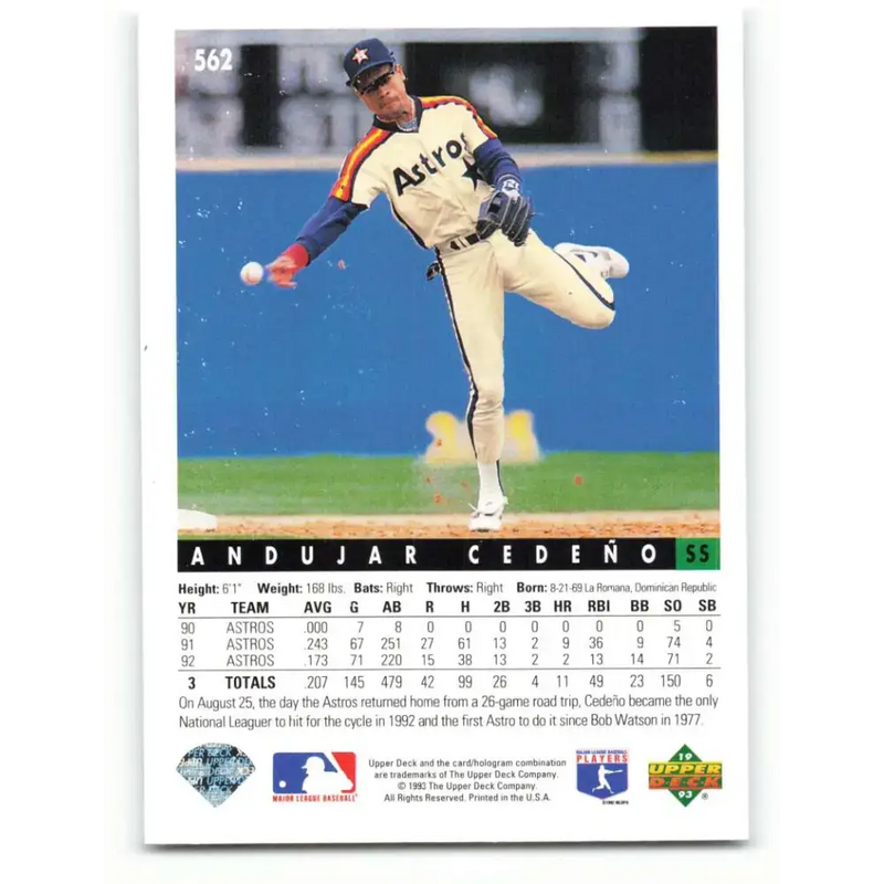 1993 Upper Deck #562 Andujar Cedeno VG Houston Astros Baseball Card - Baseball Card Single