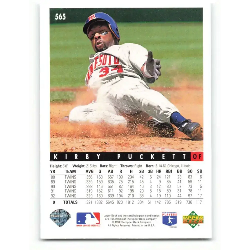 1993 Upper Deck #565 Kirby Puckett VG Minnesota Twins Baseball Card - Baseball Card Single