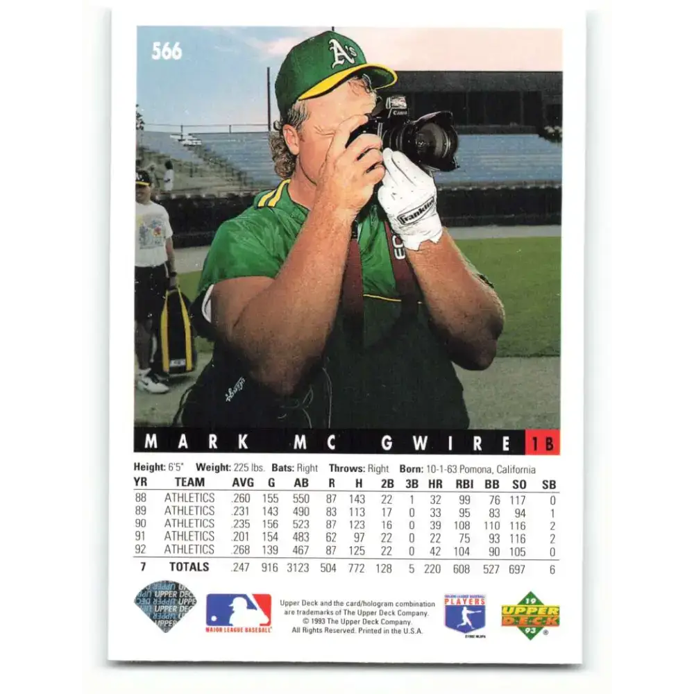 1993 Upper Deck #566 Mark McGwire VG Oakland Athletics Baseball Card - Baseball Card Single