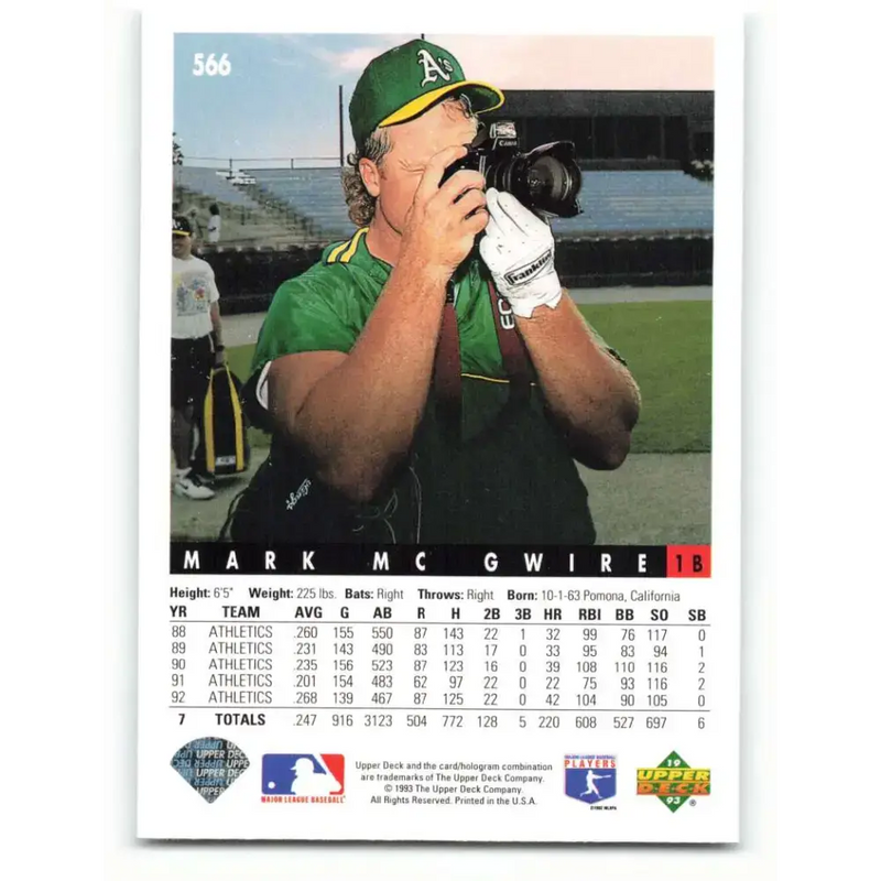 1993 Upper Deck #566 Mark McGwire VG Oakland Athletics Baseball Card - Baseball Card Single