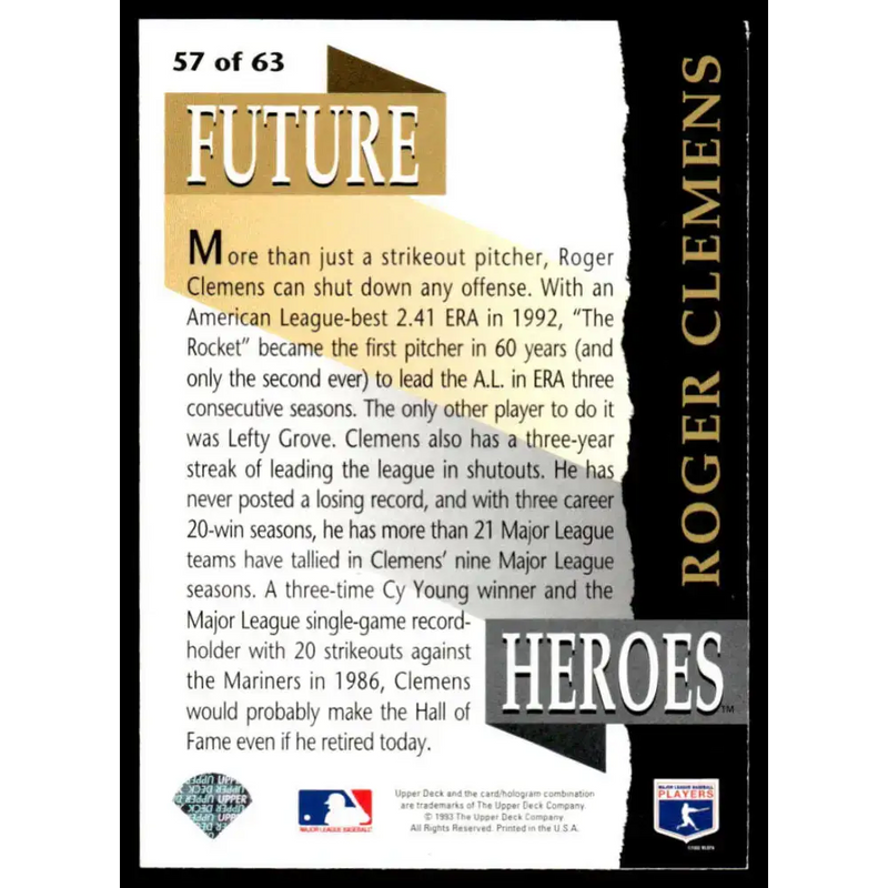 1993 Upper Deck #57 Roger Clemens EX/NM Boston Red Sox Baseball Card - Baseball Card Single