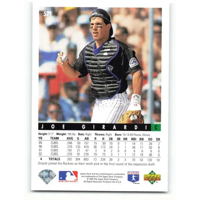 1993 Upper Deck #571 Joe Girardi VG Colorado Rockies Baseball Card - Baseball Card Single