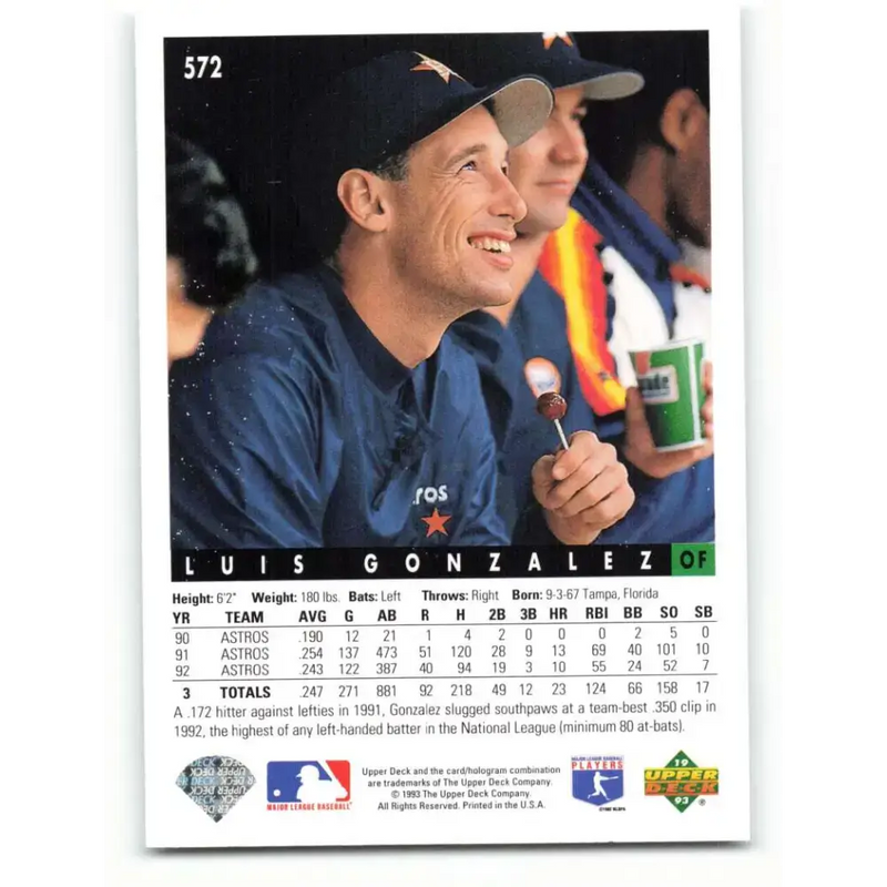 1993 Upper Deck #572 Luis Gonzalez VG Houston Astros Baseball Card - Baseball Card Single