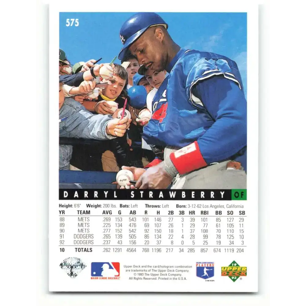 1993 Upper Deck #575 Darryl Strawberry VG Los Angeles Dodgers Baseball Card - Baseball Card Single