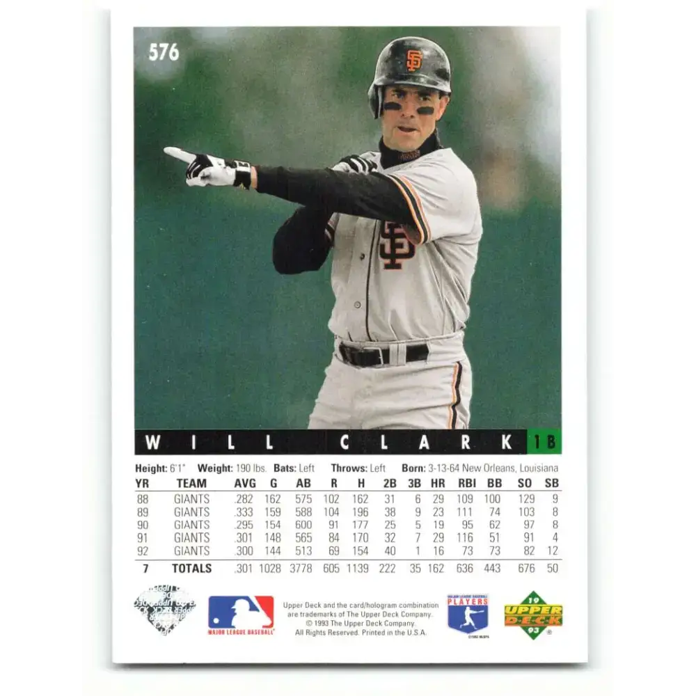 1993 Upper Deck #576 Will Clark VG San Francisco Giants Baseball Card - Baseball Card Single