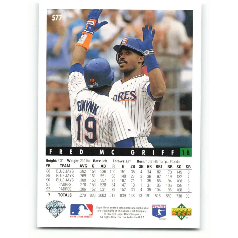 1993 Upper Deck #577 Fred McGriff VG San Diego Padres Baseball Card - Baseball Card Single