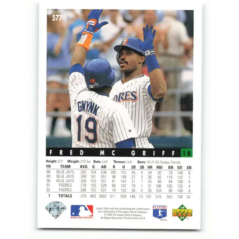 1993 Upper Deck #577 Fred McGriff VG San Diego Padres Baseball Card - Baseball Card Single