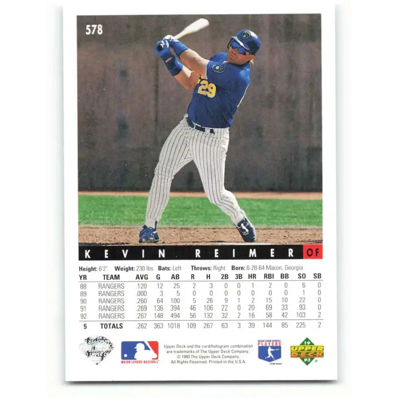 1993 Upper Deck #578 Kevin Reimer VG Milwaukee Brewers Baseball Card - Baseball Card Single
