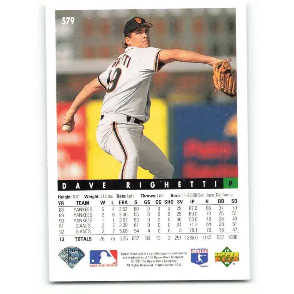 1993 Upper Deck #579 Dave Righetti VG San Francisco Giants Baseball Card - Baseball Card Single