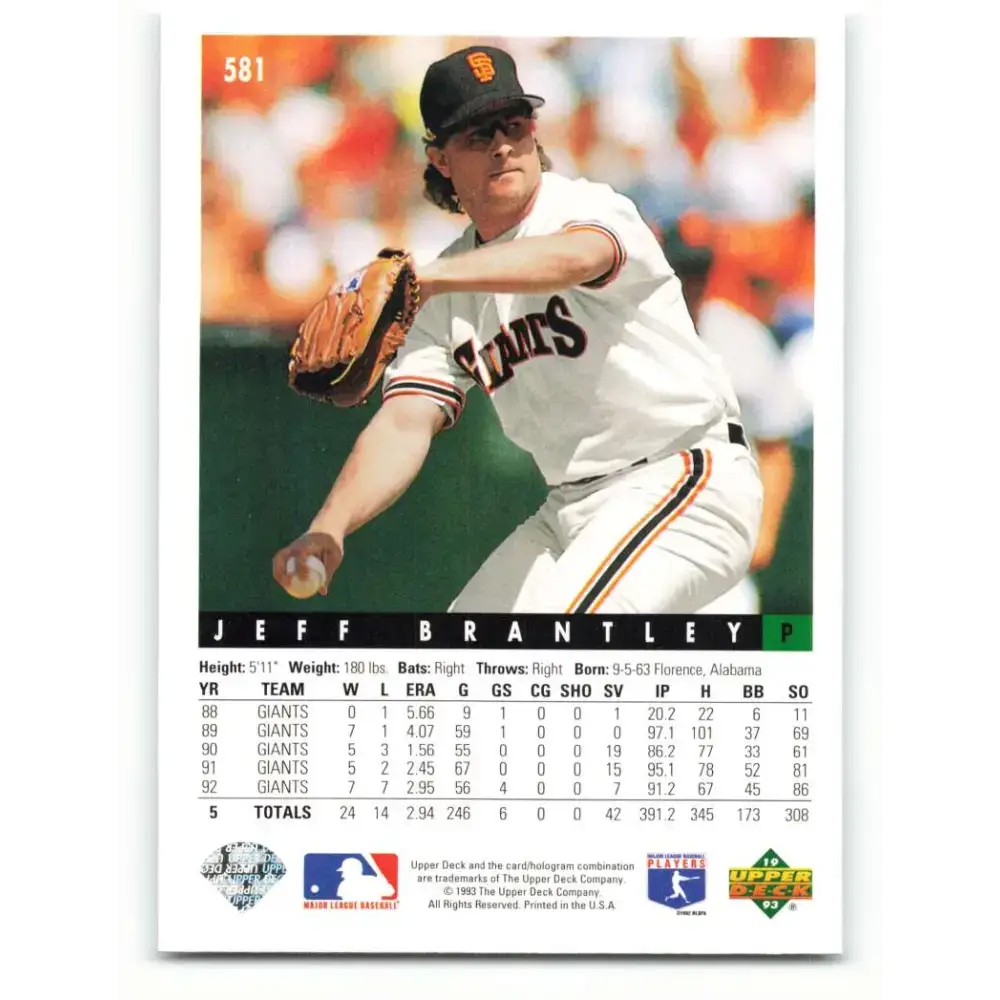 1993 Upper Deck #581 Jeff Brantley VG San Francisco Giants Baseball Card - Baseball Card Single